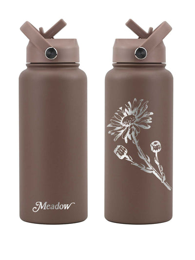 Meadow Store 32oz Drink Bottle Chocolate Brown Embossed Alpine Daisy Insulated Straw Lid