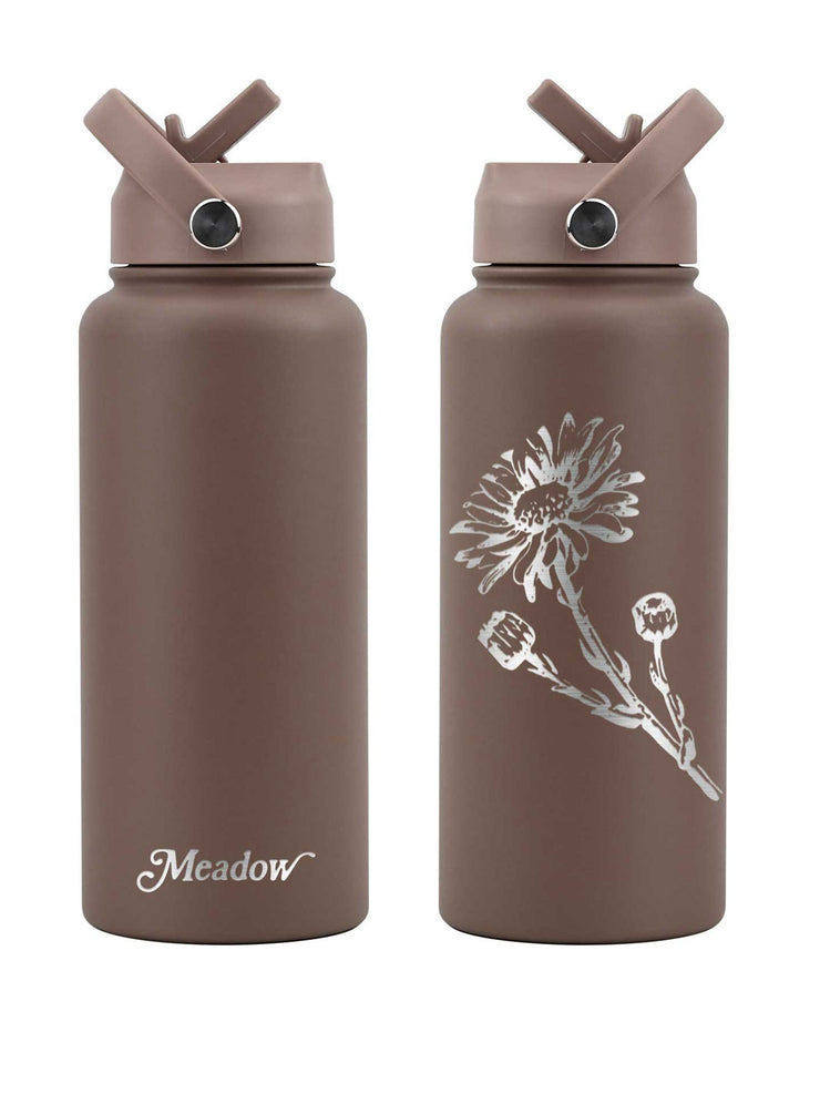 Meadow Store 32oz Drink Bottle Chocolate Brown Embossed Alpine Daisy Insulated Straw Lid