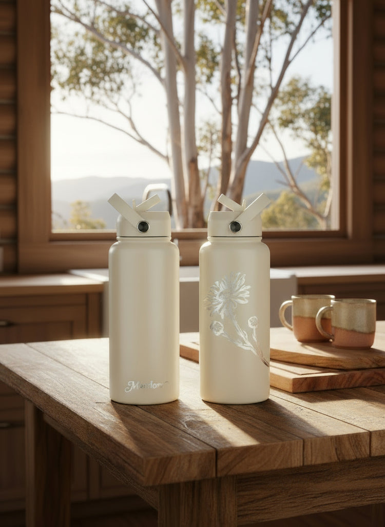 Two 32 oz powder coated cream-colored water bottles with alpine daisy laser embossed floral design and 'Meadow' branding on a white background. Straw lids.