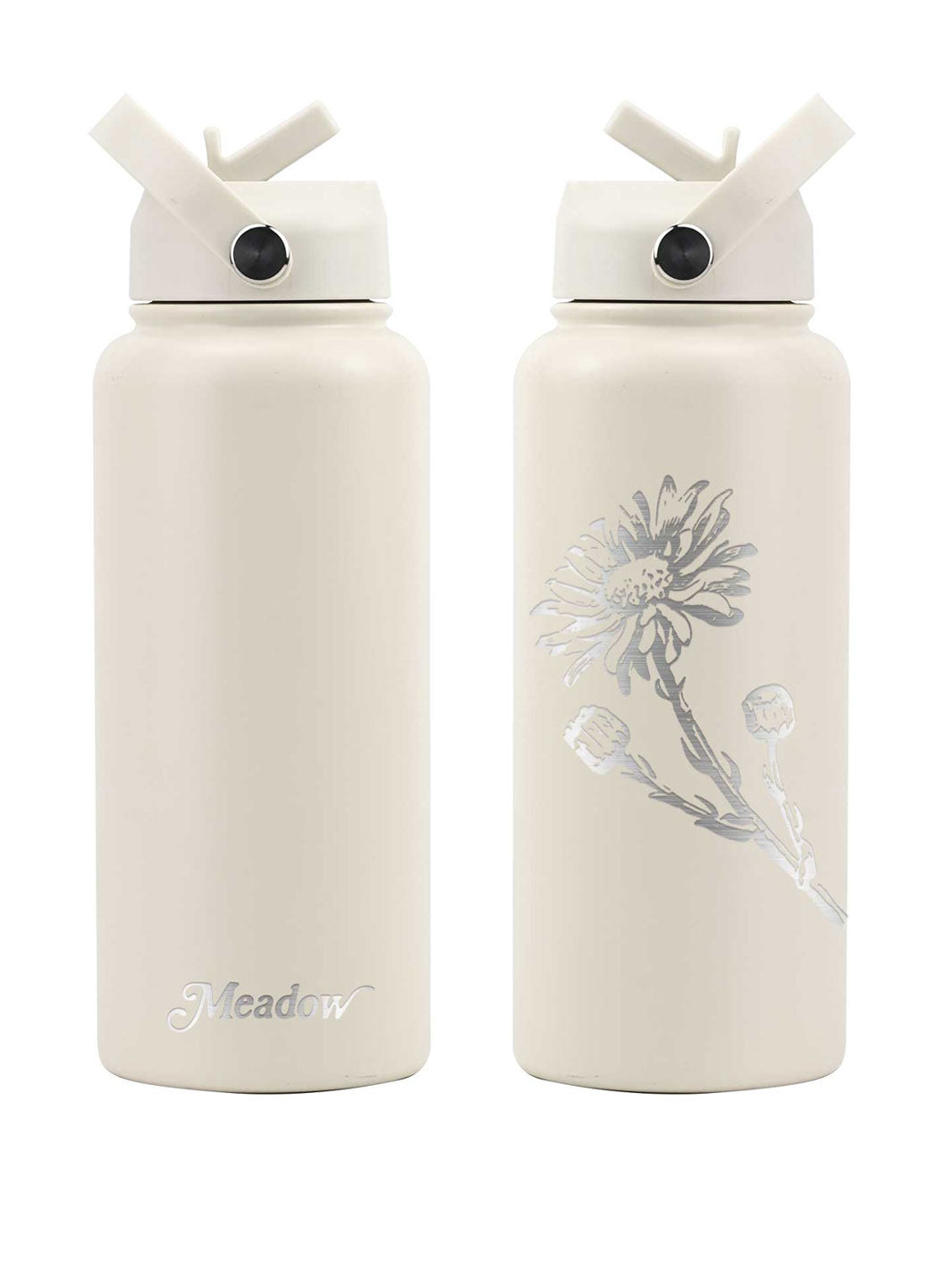 Meadow Store 32oz laser embossed insulated water bottle vintage white with silver alpine daisy