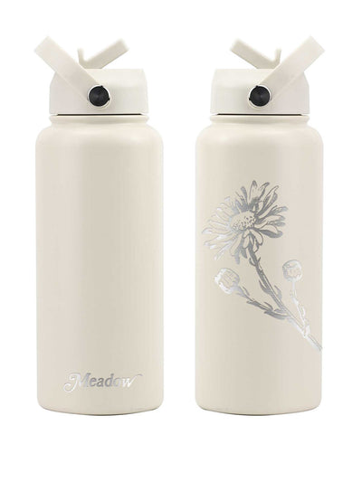 Meadow Store 32oz laser embossed insulated water bottle vintage white with silver alpine daisy