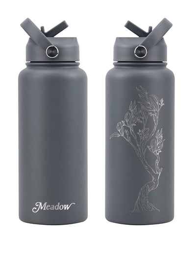 Meadow Store 32oz Drink Bottle Grey with Laser Embossed Snow Gum Branch