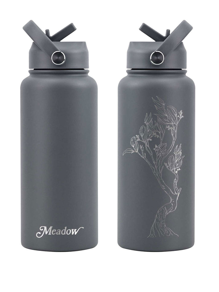 Meadow Store 32oz Drink Bottle Grey with Laser Embossed Snow Gum Branch