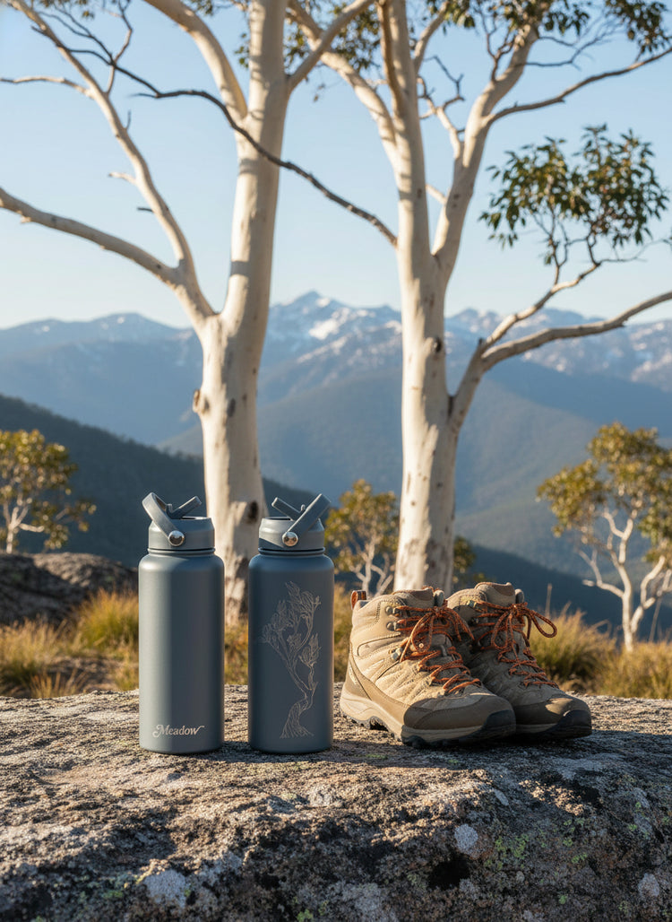 Back and front of grey water bottle with straws on a white background, one with 'Meadow' branding and the other with an engraved snow gum branch design.