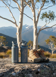 Back and front of grey water bottle with straws on a white background, one with 'Meadow' branding and the other with an engraved snow gum branch design.