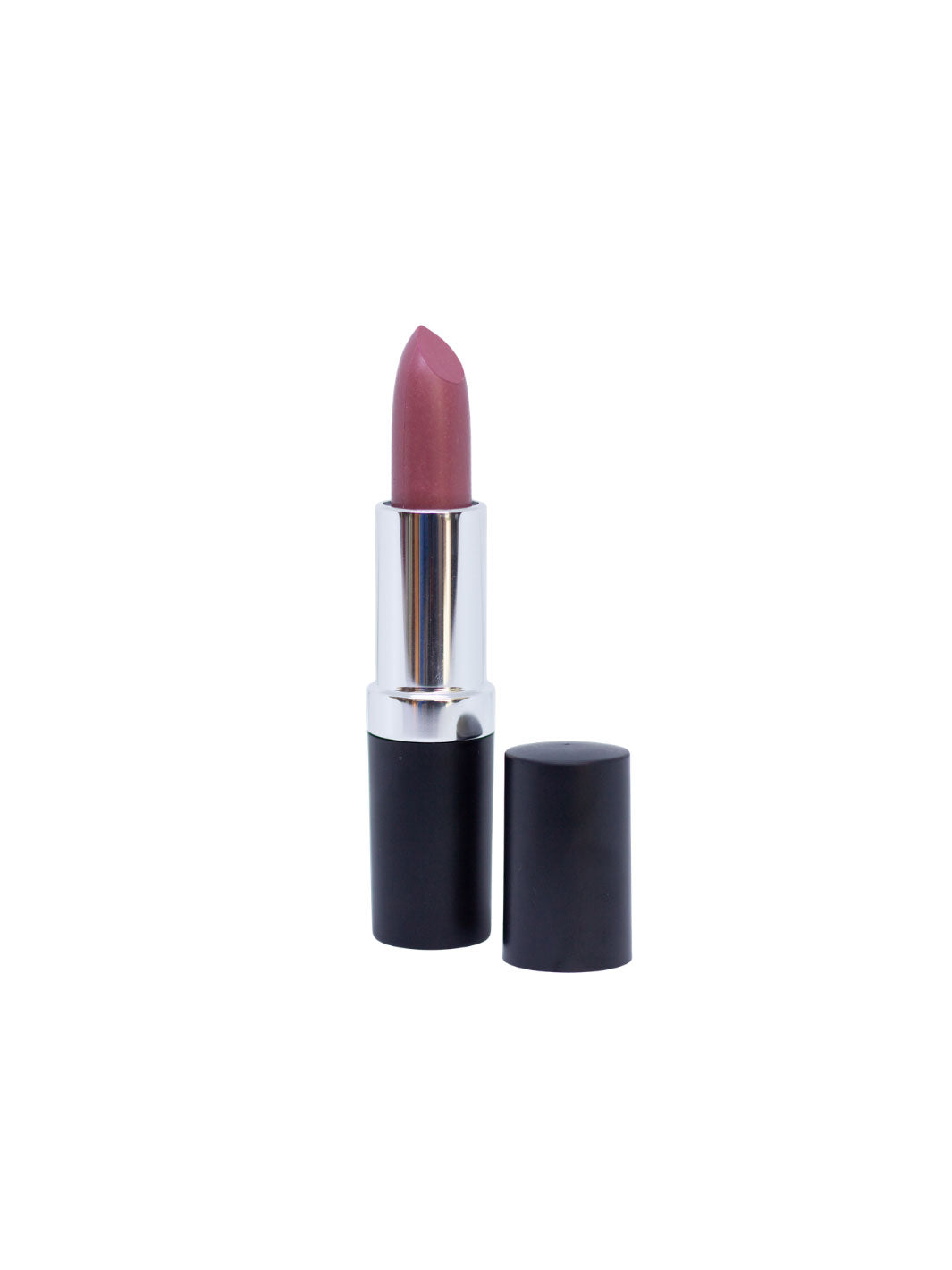 A lipstick bullet in a dusty mauve-pink shade, standing upright in a silver and black tube next to its detached black cap on a plain white background.