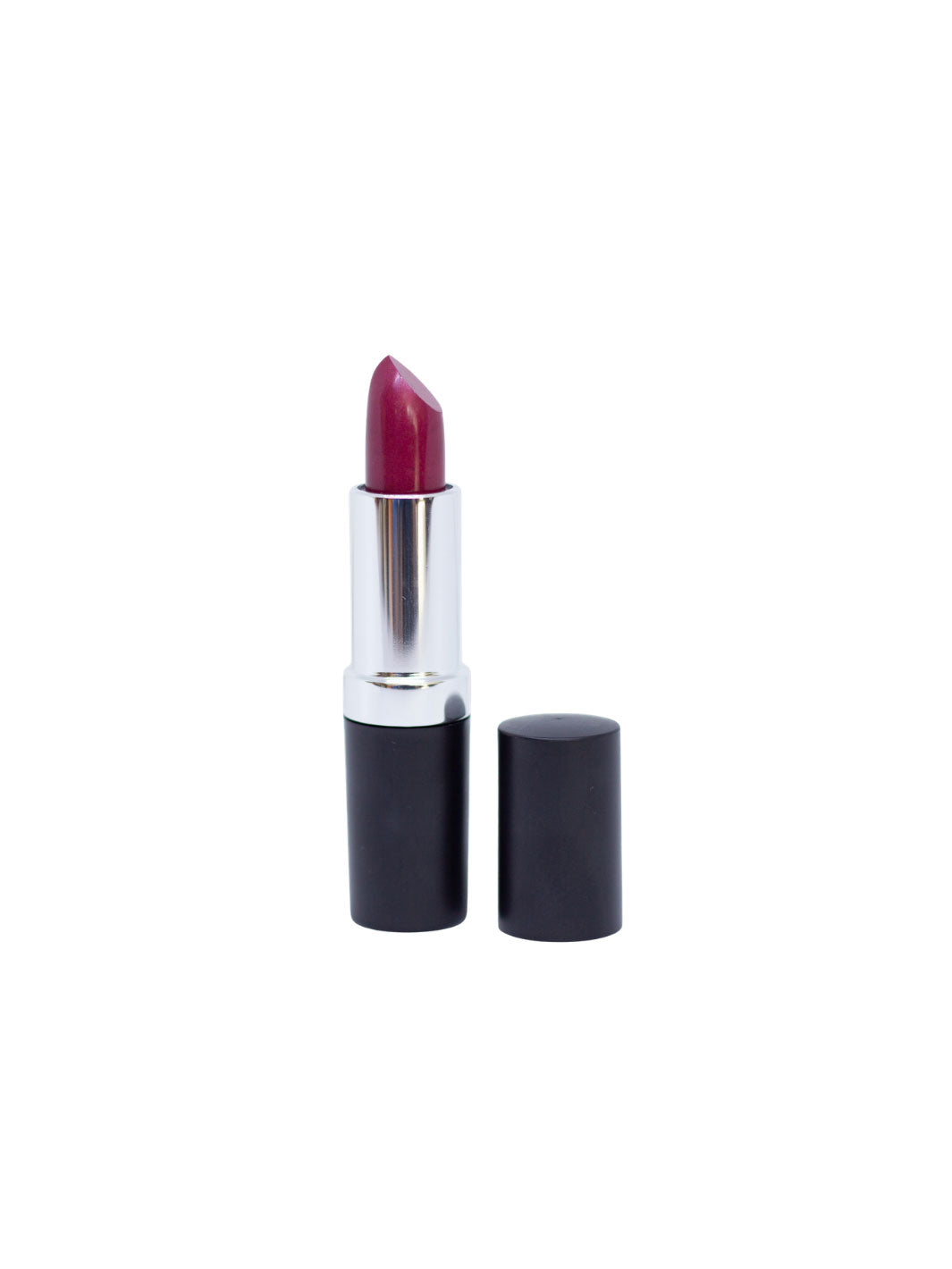 A lipstick with a deep berry red shade, featuring a silver metallic inner tube and a matte black base, shown with its cap off next to it on a plain white background.