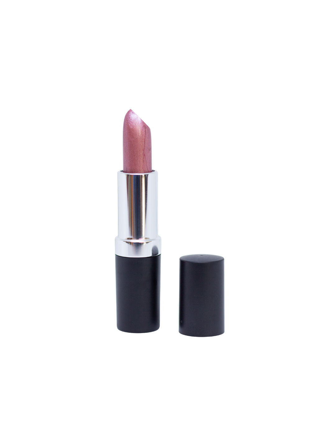 A lipstick with a metallic silver tube and a black base, shown open with a dusty rose pink lipstick bullet, alongside its black cap on a plain white background.