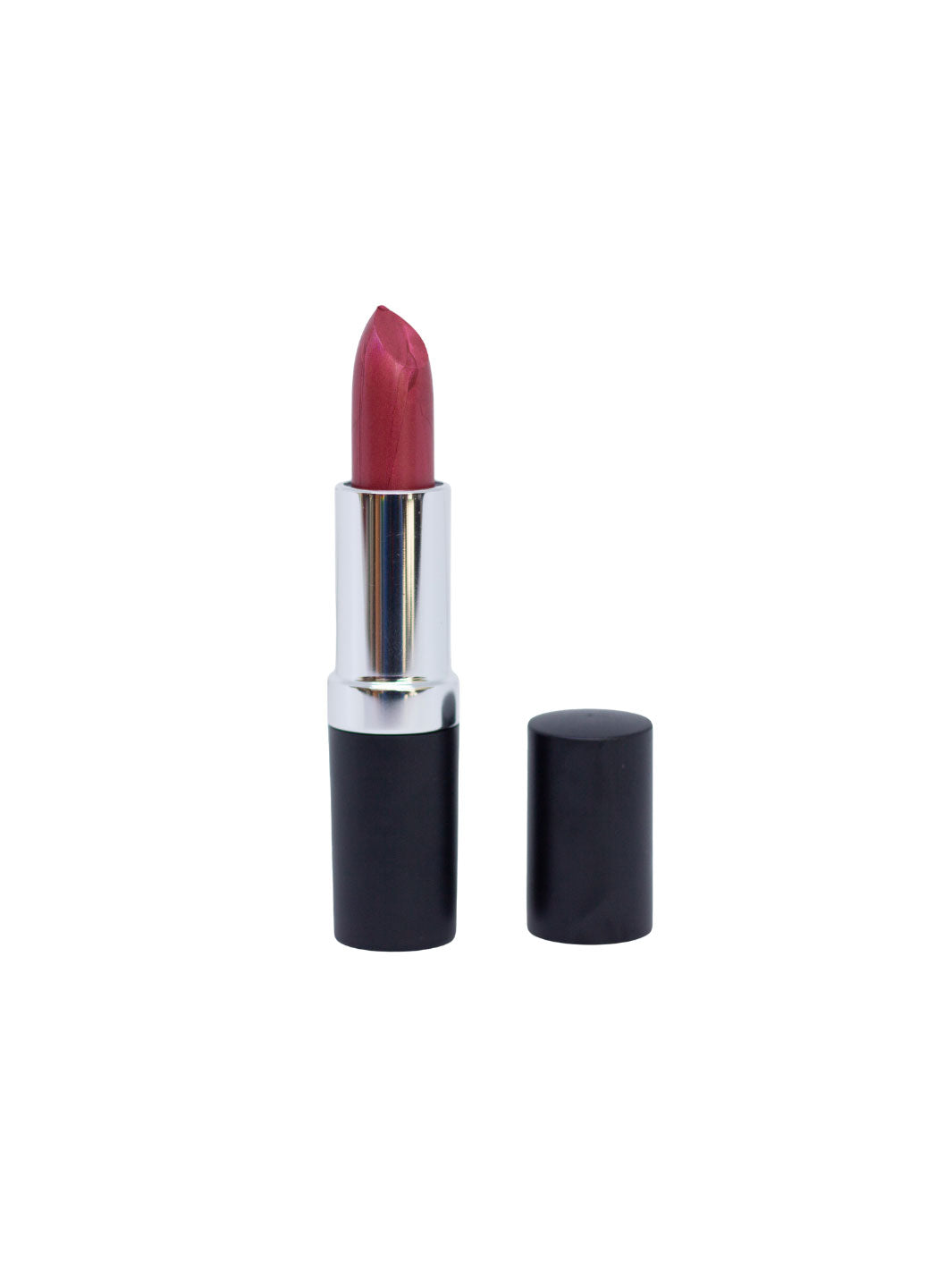 A lipstick with a dusty rose pink bullet, a shiny silver metallic collar, and a black base, shown next to its matching black cap on a plain white background.