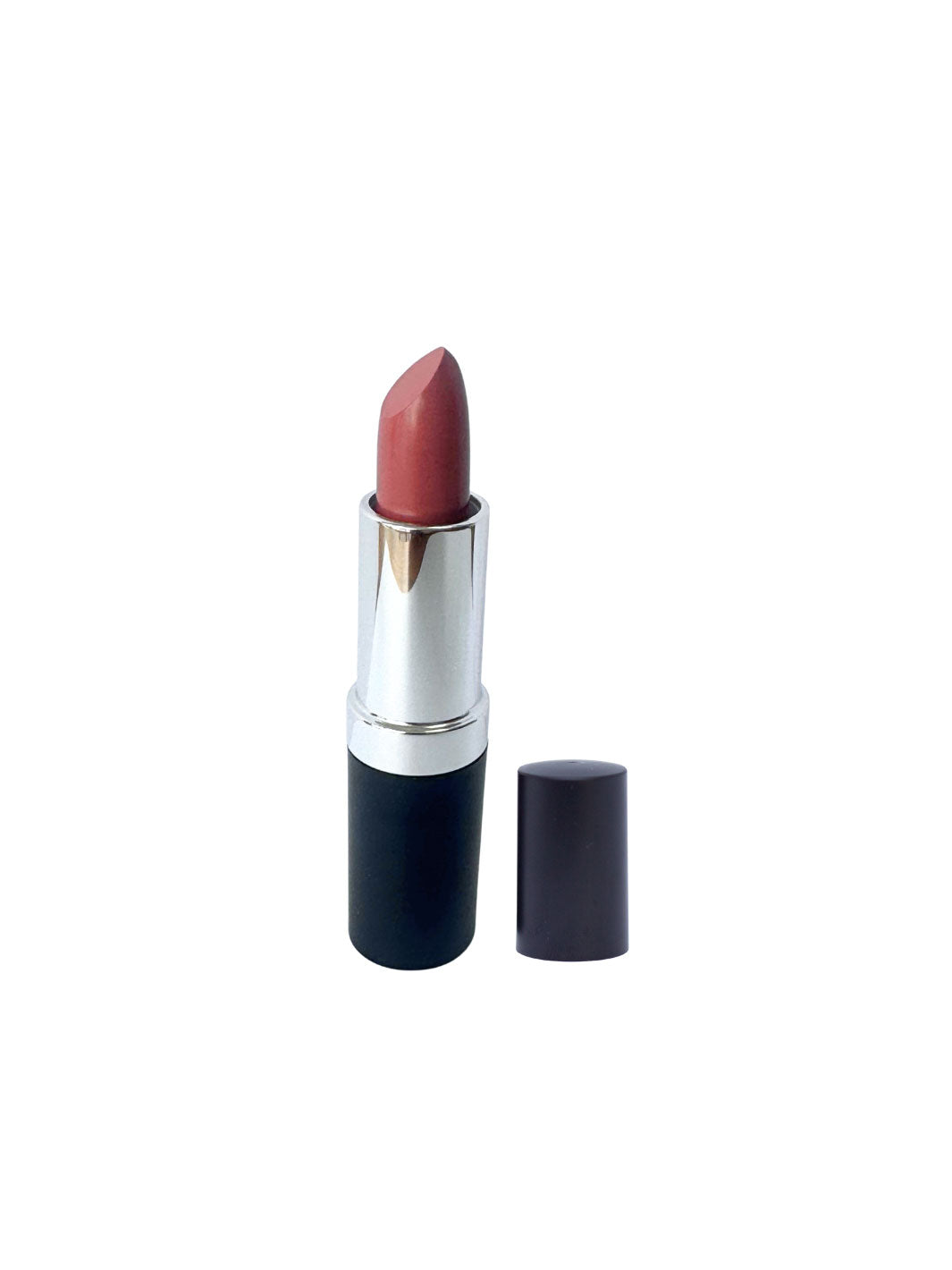 A lipstick with a dusty rose pink bullet, a shiny silver metallic collar, and a black base, shown with its cap off next to it on a plain white background.