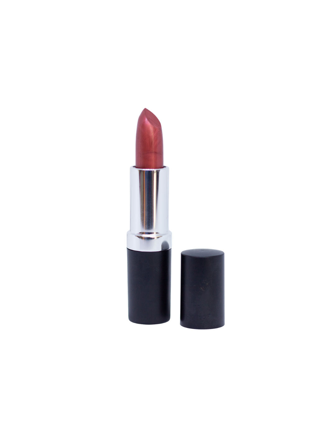 A lipstick with a metallic rose gold bullet, a silver collar, and a black base, shown next to its black cap on a plain white background.