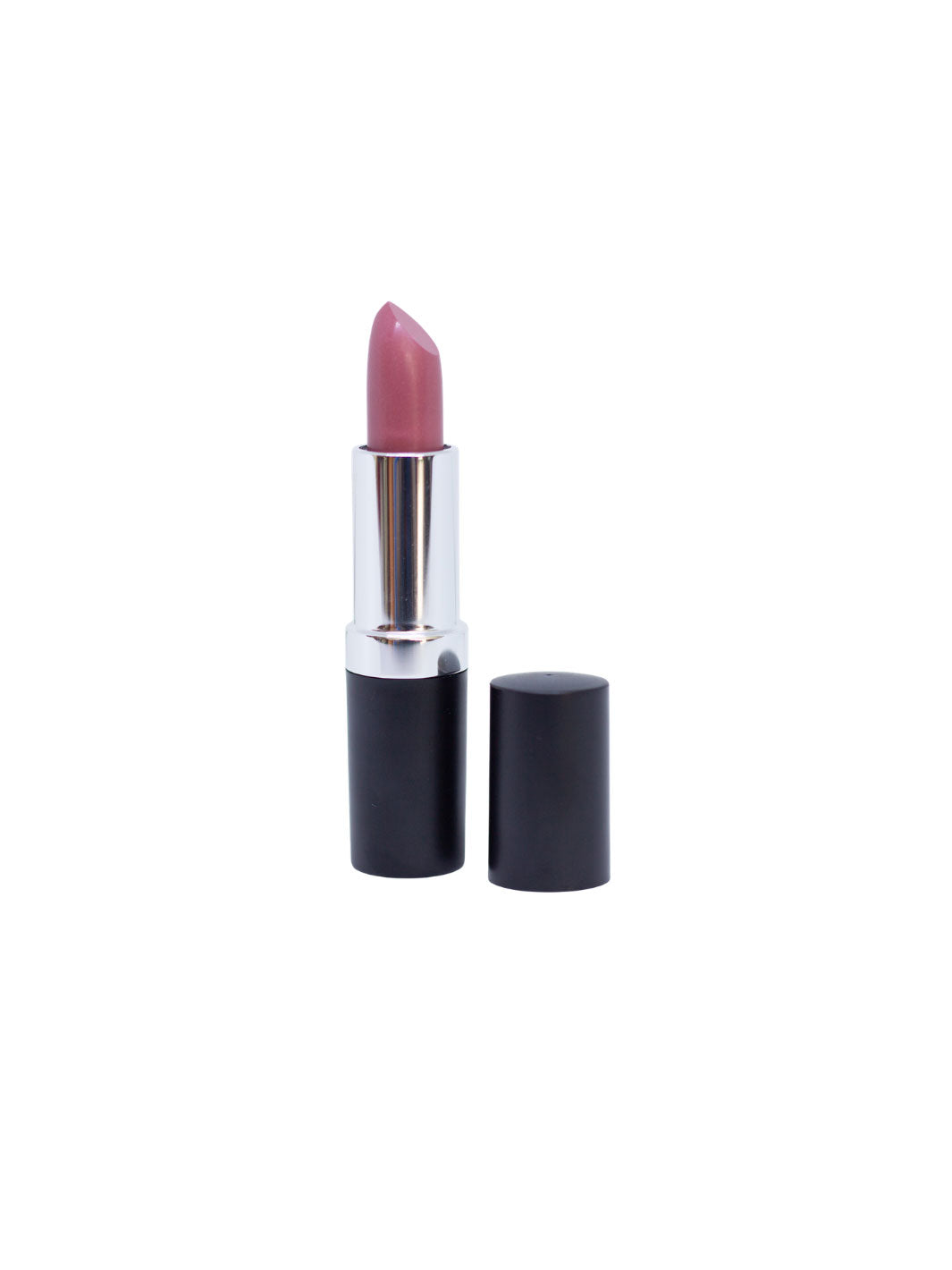 A lipstick bullet in a mauve-pink shade with a silver metallic collar and a black base, shown next to its matching black cap on a plain white background.