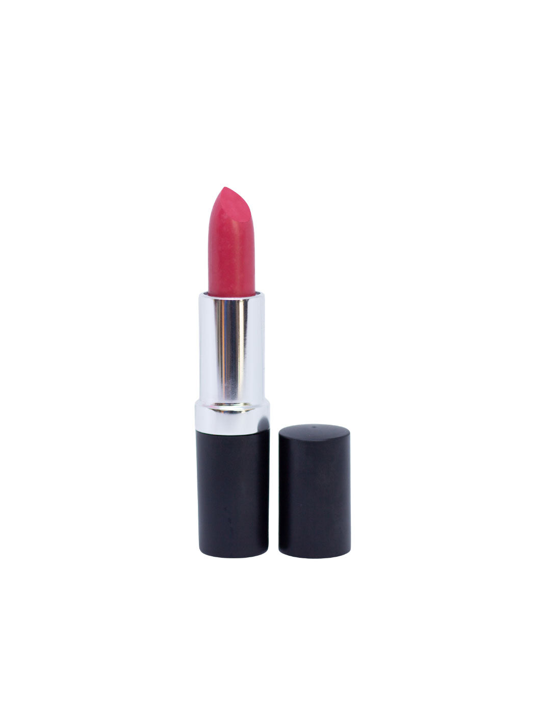 A pink/red lipstick with a silver metallic inner tube and a black cap, shown with the cap removed and placed beside it on a plain white background.