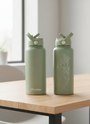 Meadow Store Laser Embossed Snow Gum Branch 32oz Drink Bottle Eucalypt/Sage Green Insulated with Straw Lid.
