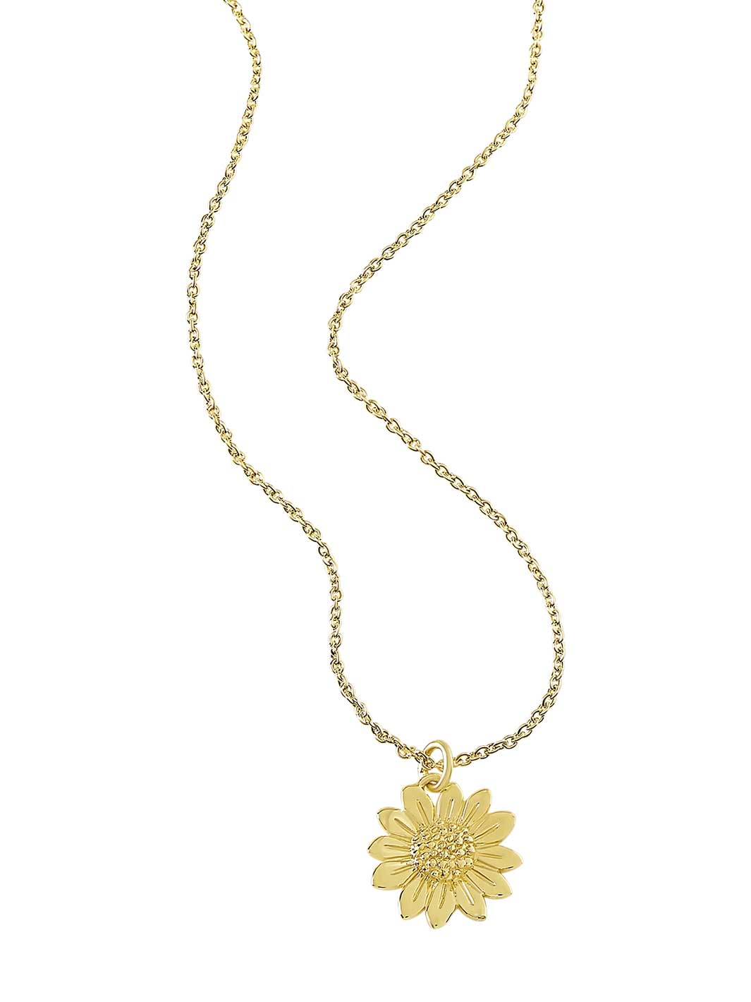 Gold necklace with a sunflower pendant on a white background