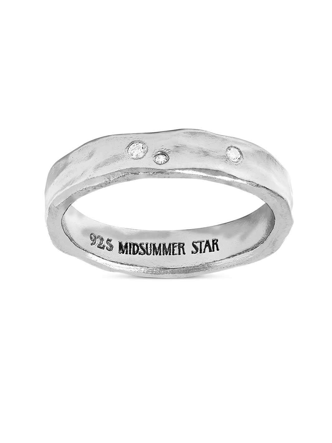 Silver ring with small cubic zirconia on a white background