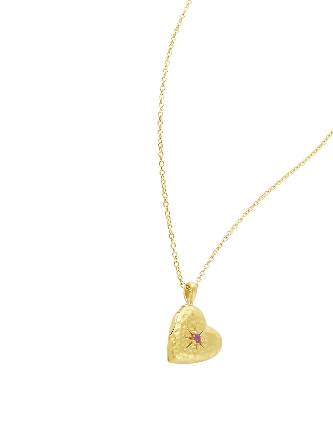 A gold heart-shaped pendant necklace with a textured finish and a small red star in the center, shown on a clean white background.