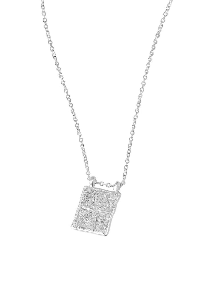 A silver pendant necklace featuring a rectangular, snowflake star cross pendant on a delicate silver chain, set against a plain white background.