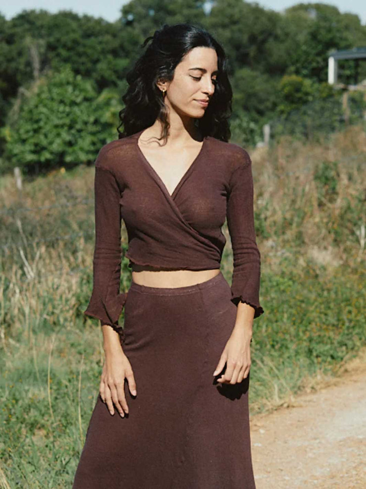 Orbit the Label Freya Wrap Around Top Knit Cotton Cocoa Brown Meadow Store