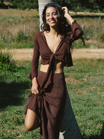 Orbit the Label Freya Wrap Around Top Knit Cotton Cocoa Brown Meadow Store
