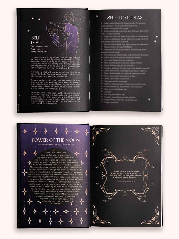 Open book with purple and black design elements on a white background