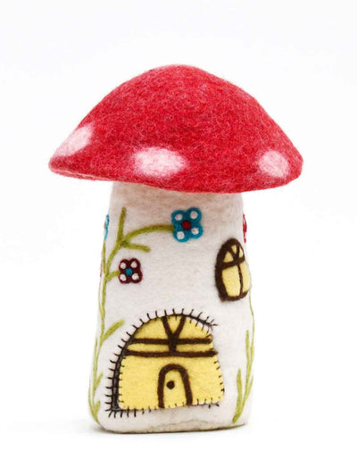 Felted mushroom-shaped toy with a house design on a white background