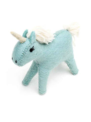 Light blue and cream unicorn felt toy on a white background