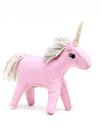 Pink felt unicorn toy with a white mane on a white background