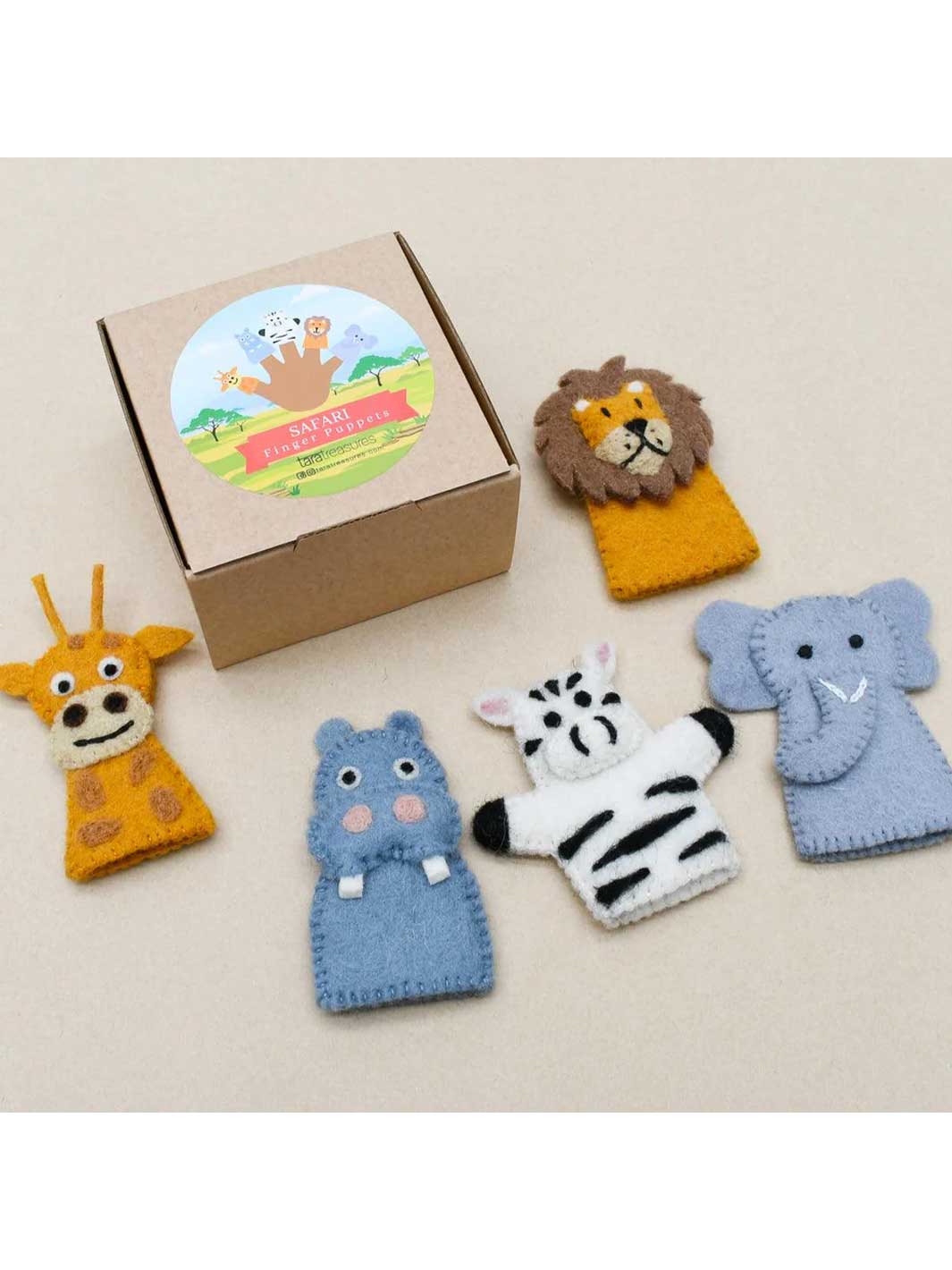 A set of five felt animal finger puppets including a giraffe, lion, zebra, elephant, and hippo, displayed next to a small brown cardboard box on a light beige background.