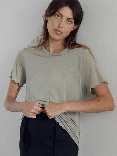 The Weft Fine Knit Slouchy Tee Hazy Olive Green Lettuce Edge Sheer Meadow Store