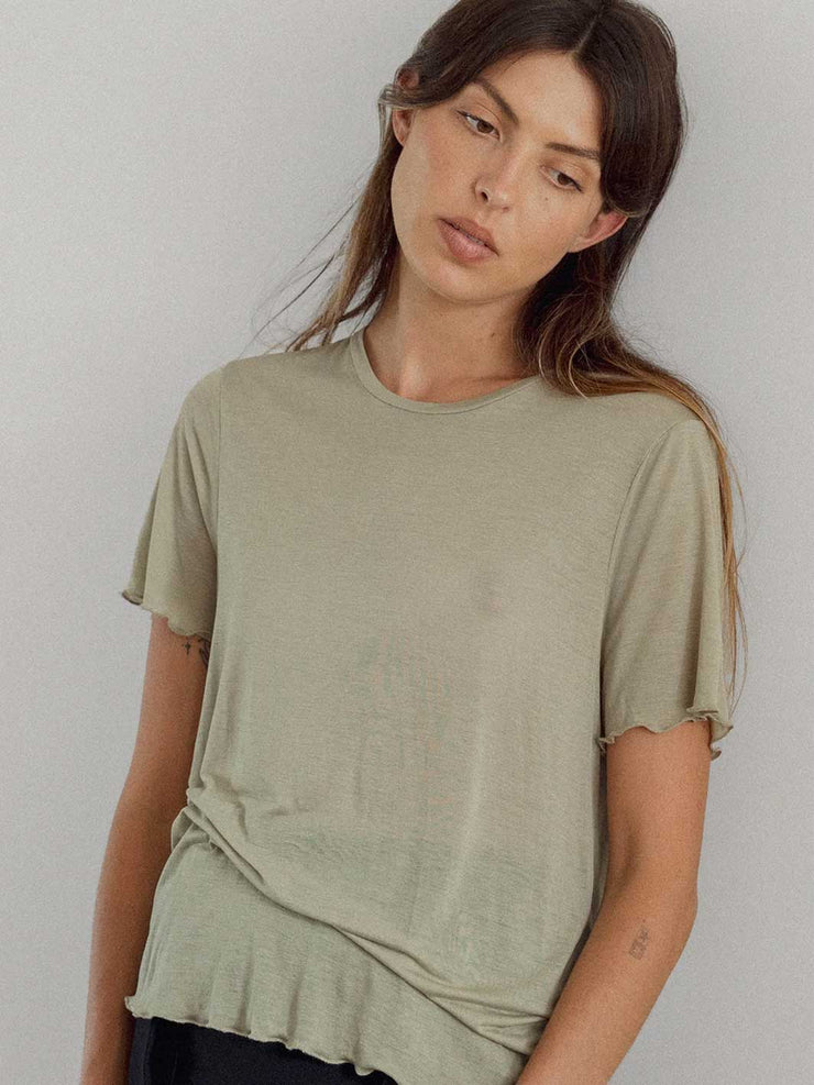 The Weft Fine Knit Slouchy Tee Hazy Olive Green Lettuce Edge Sheer Meadow Store