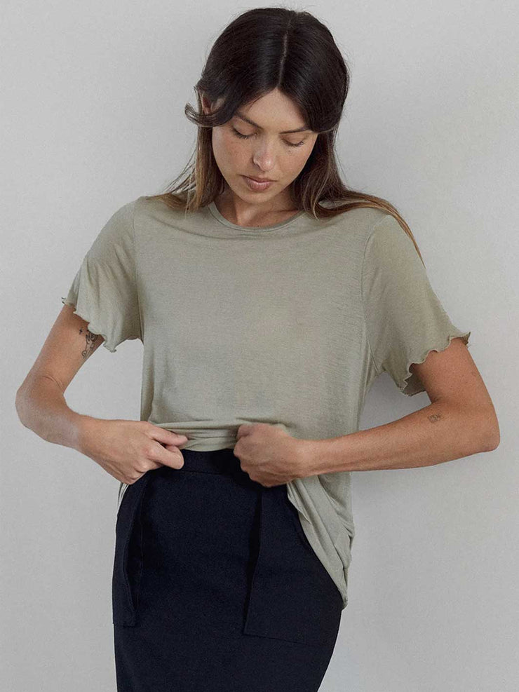 The Weft Fine Knit Slouchy Tee Hazy Olive Green Lettuce Edge Sheer Meadow Store