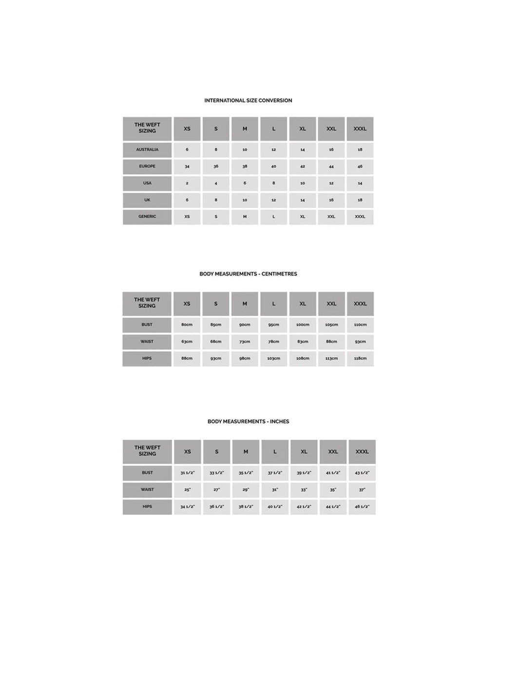 A size conversion chart for The Weft label, showing three tables: International Size Conversion, Body Measurements - Centimeters, and Body Measurements - Inches. The chart is presented on a plain white background with black text and gray table headers.