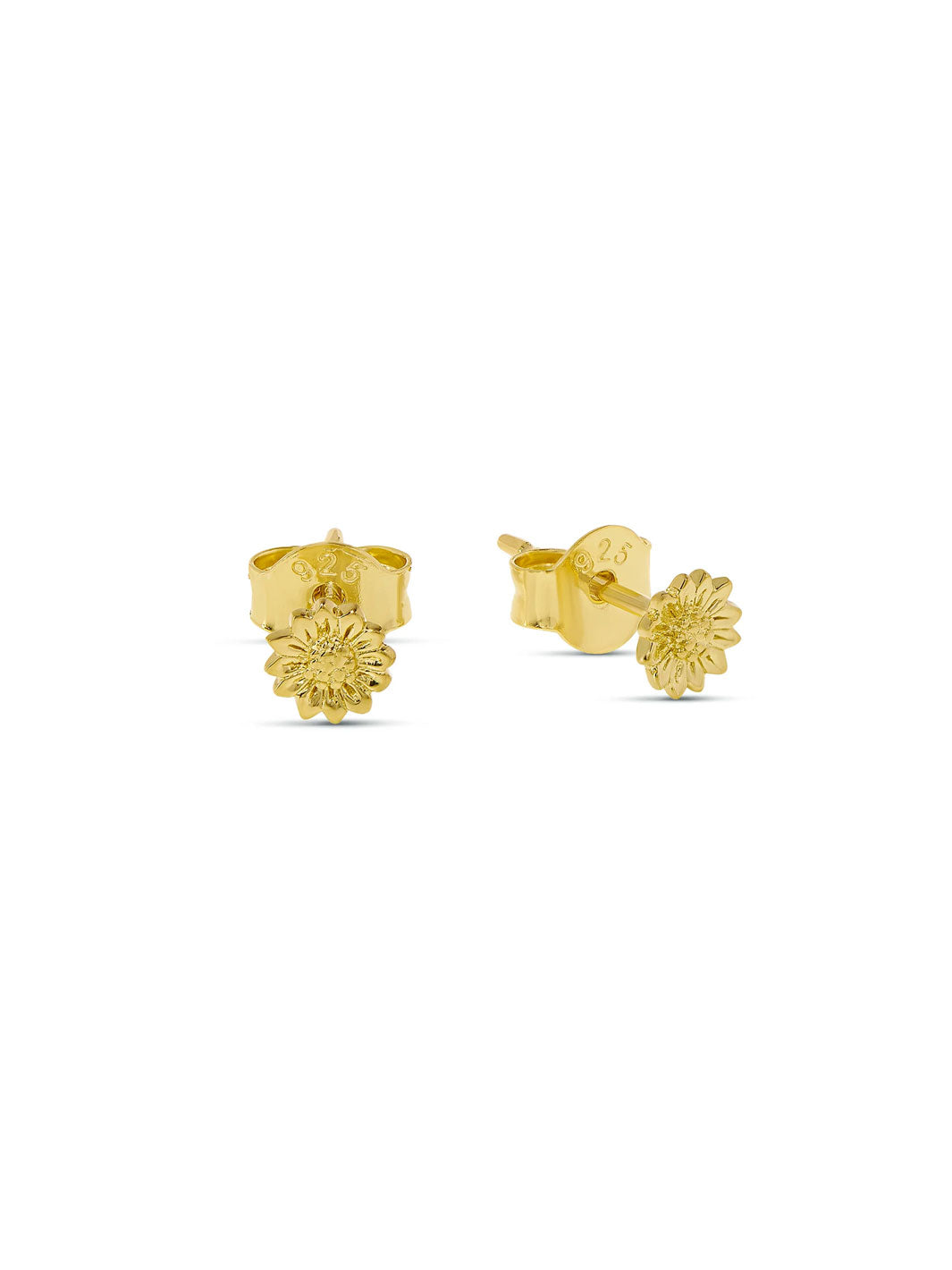 A pair of gold flower stud earrings shown from the front and side on a clean white background.
