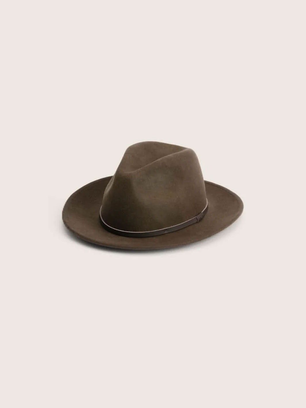 A dark brown children's felt fedora hat with a matching dark band, photographed from a top-down angle on a solid light beige background.