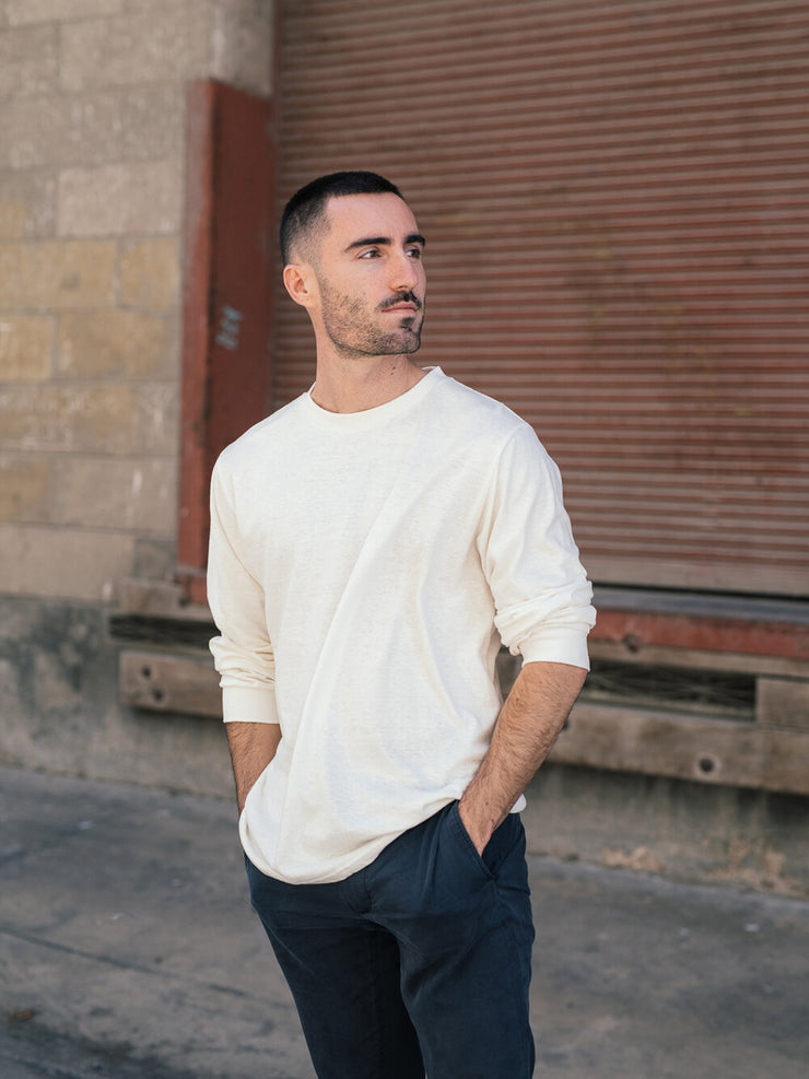 Hemp Clothing Australia Unisex Boxy Long Sleeve Tee Natural Men Side