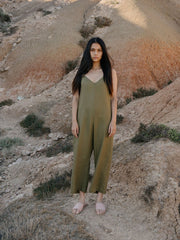Hemp Clothing Australia Cami Jumpsuit Olive Green with Pockets Side