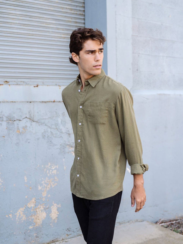 Hemp Clothing Australia Mens Hemp Rayon Button Down Shirt Olive Green Sustainably Made Meadow Store