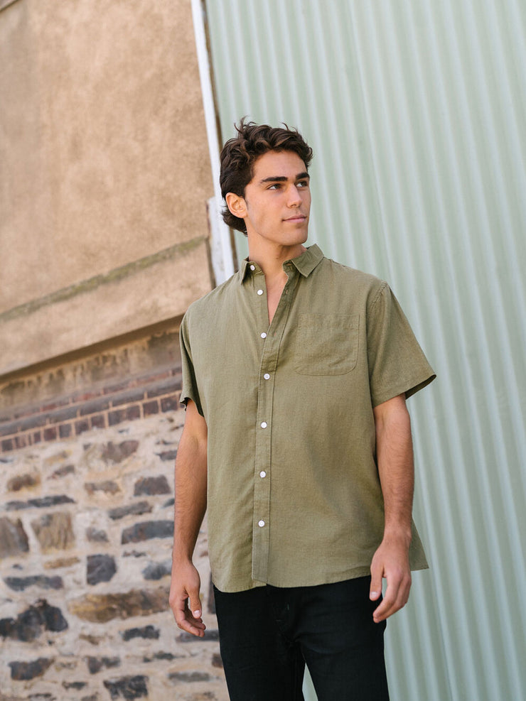 Meadow Store Hemp Clothing Australia Newtown Short Sleeve Mens Shirt Olive Front