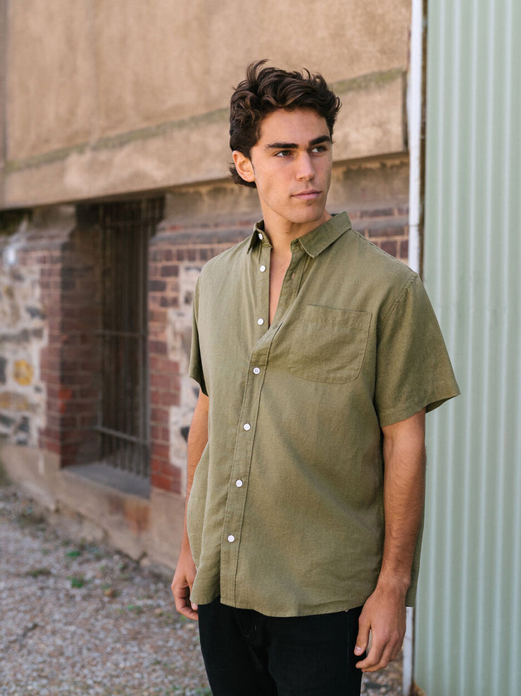 Meadow Store Hemp Clothing Australia Newtown Short Sleeve Mens Shirt Olive Side