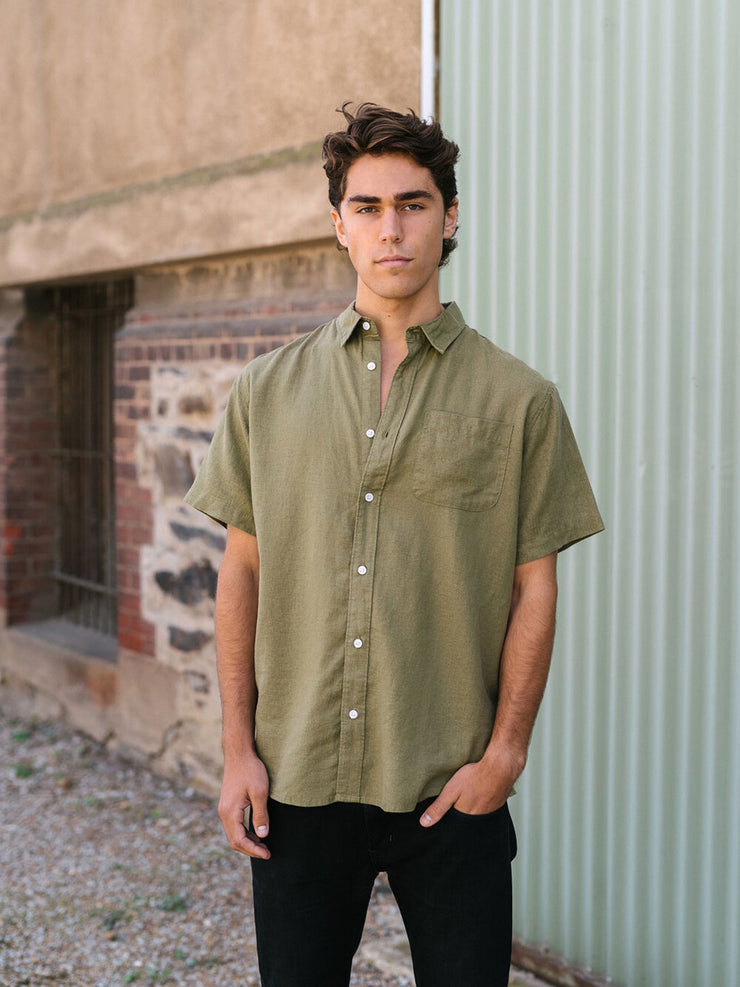 Meadow Store Hemp Clothing Australia Newtown Short Sleeve Mens Shirt Olive Front