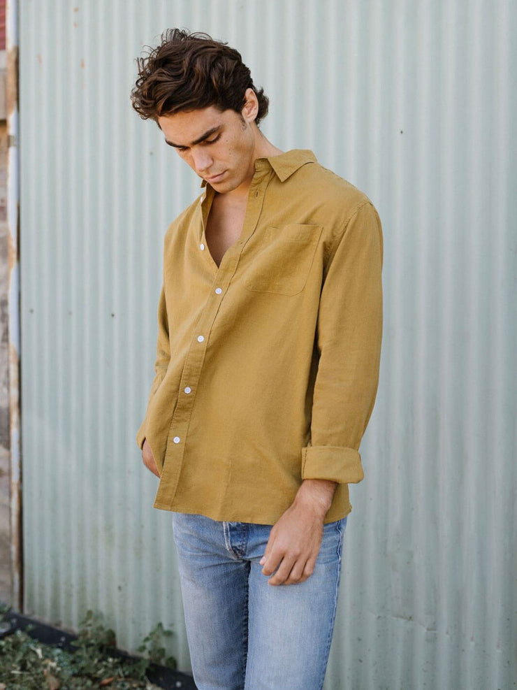 Mens Hemp Long Sleeve Shirt Mustard Yellow Ethically Made by Hemp Clothing Australia
