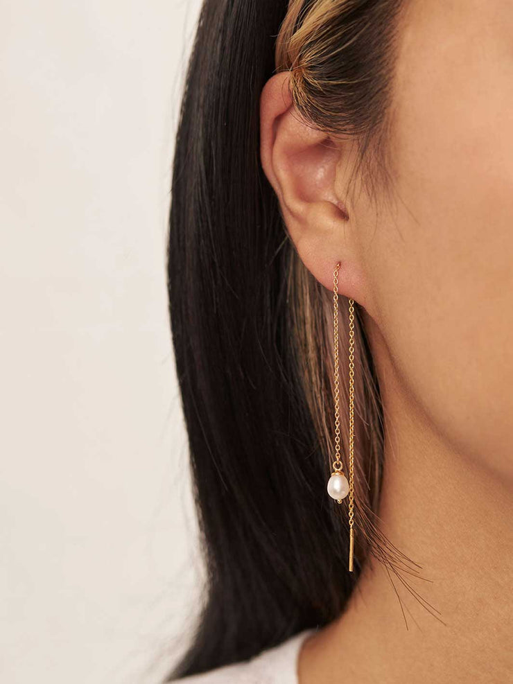 Drop Pearl Threader Earrings Gold